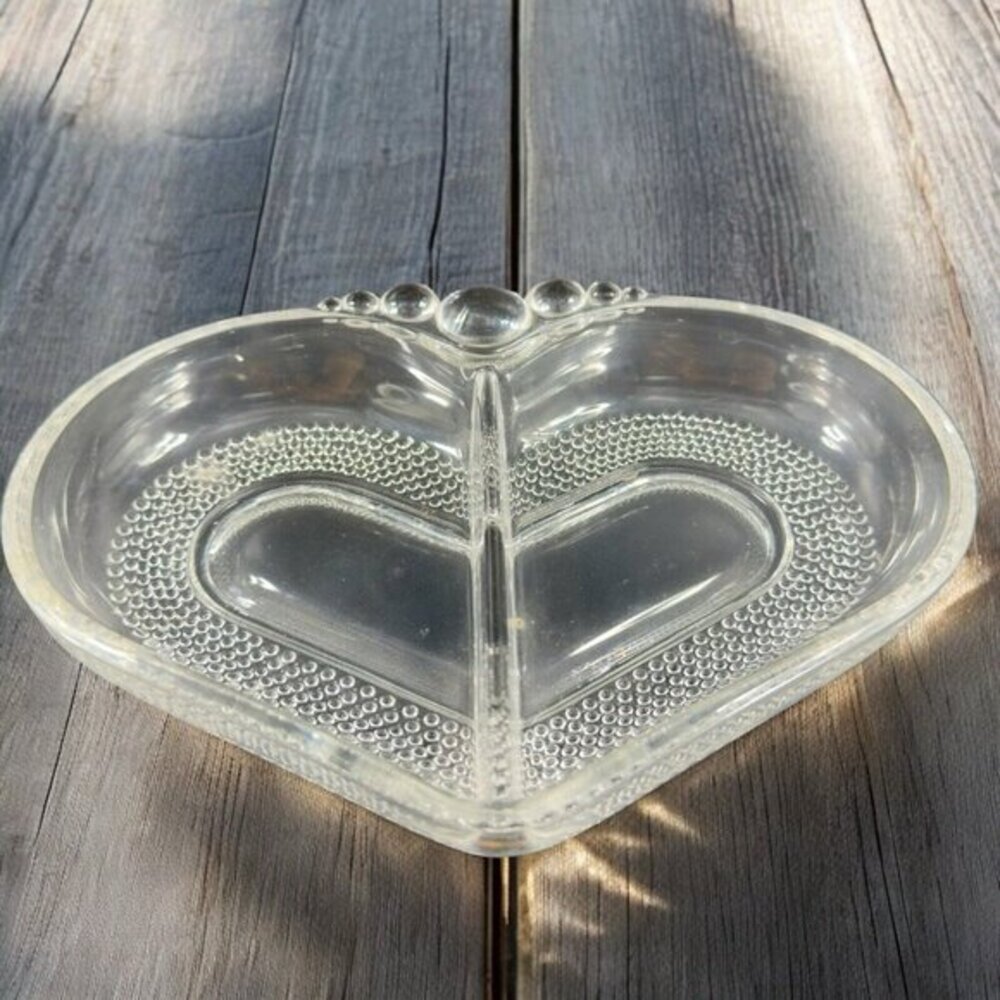 Duncan & Miller Glass Teardrop Heart Divided Dish Clear Tray Dish Plate Vintage
